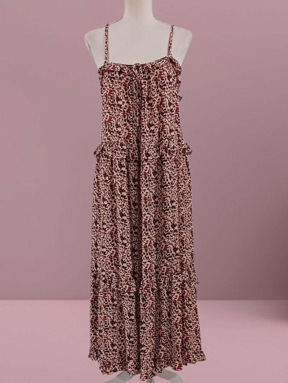 Vintage Maxi Sun Dress Cottagecore Leopard Print Spaghetti Straps Women's M